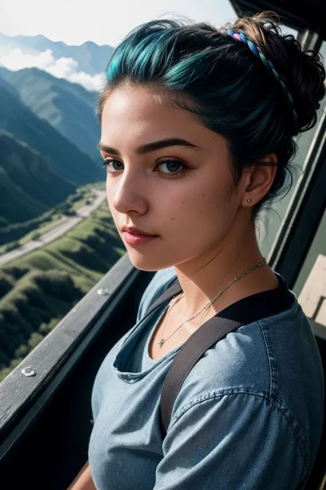 (masterpiece, best quality, hires, high resolution:1.2), (extremely detailed, intricate details, highres), 1girl, Leaning forward, Boyfriend jeans, a tucked-in tee, and loafers, Twisted updo haircut, Peacock blue haircolor, from above, close up on face, ight beams streaming through haze, soft focus, detailed skin, skin blemish, sharp focus, (shot on GoPro Hero:1.2), Extraordinarily Vivid, Absolute Clarity, hdr, hyperdetailed