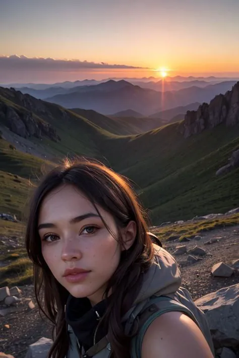 hyperrealistic portrait of a beautiful woman as a rugged female hiker, at the summit of a mountain, surrounded by majestic lands...