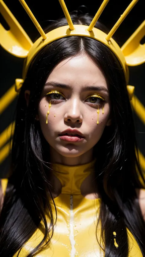 a painting of a woman with yellow forks sticking out of his face, dripping in neon paint, surreal black and yellow, by Antoni Pi...