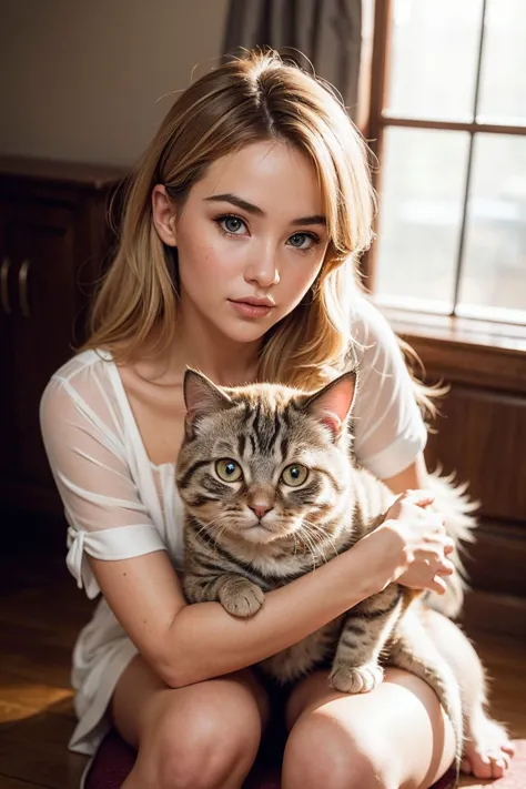 komplizierte Details, blonde,edgInf_Frau,edgInf_Gesicht,edgInf_Körper, bezaubernde Scottish Fold Katze, nervöses Verhalten, gefaltete Ohren, Runde Augen, zittriger Schwanz, soft pastel fur, süße Angst, sanfte Veranlagung, Perfekte Beleuchtung, perfekte Beschattung 