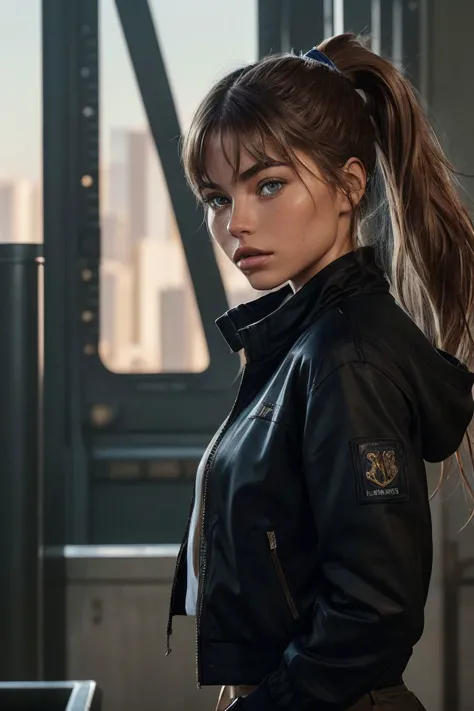 photo of S289_KateLi,a stunning woman,in a (factory:1.1),wearing a (jacket:1.1) and (pants),(ponytail),(4k, RAW photo, best quality, depth of field, ultra high res:1.1),(absurdres, intricate, photorealistic, masterpiece, ultra-detailed:1.1),