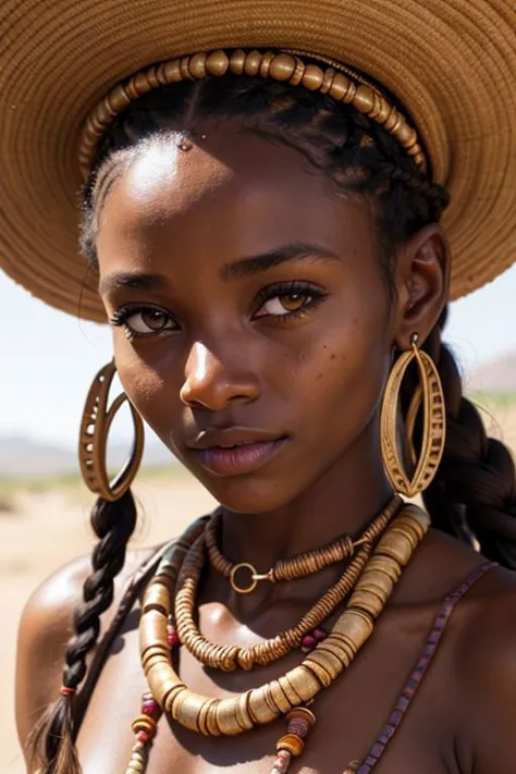 Close-up, Beautiful African woman 22 
y. o. from the Himba tribe.  Small braids around the head, jewelry made of small beads and...