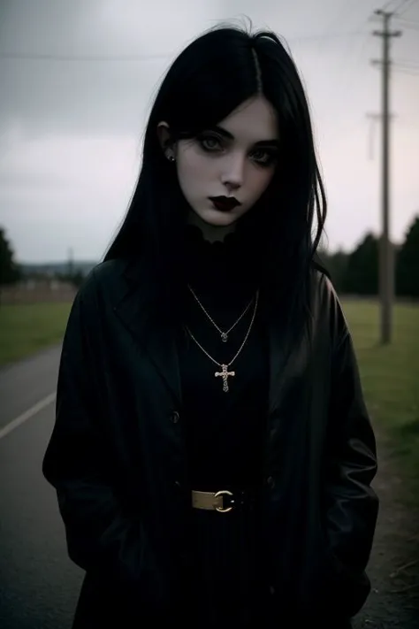 a close up of a person with a cross on a street