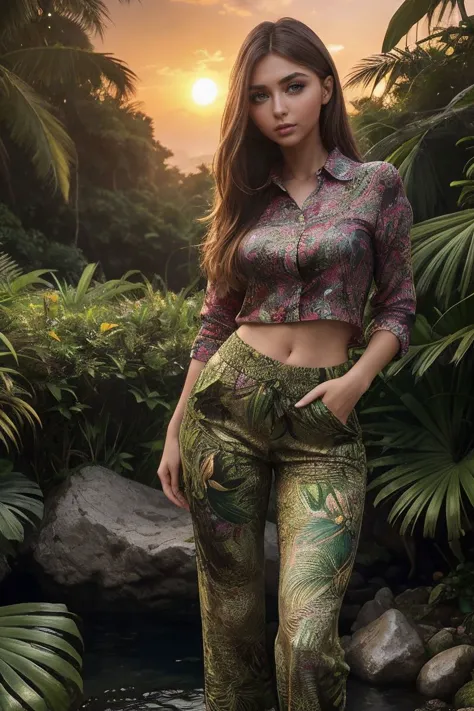 photo of S311_DaryaTaranik,a stylish woman,in a (jungle:1.1),wearing a (multicolored-shirt:1.1) and (capri-pants),(waterfall),(s...