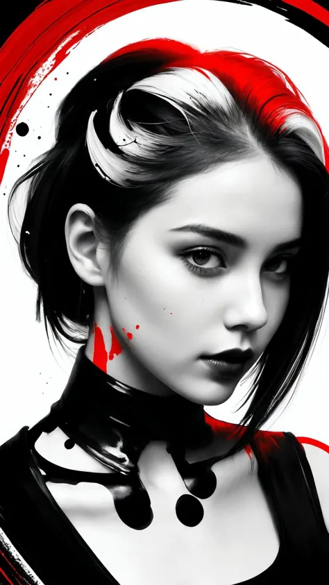 Hyperrealistic art monochrome Inkpunk style ink illustration of a girl, (head and shoulders portrait:1.2), (hyper aesthetic stylized red black white color splash ink sketch:1.2), approaching perfection, concept art, trending on artstation, sharp focus, (splash of red color:1.1) . Extremely high-resolution details, photographic, realism pushed to extreme, fine texture, incredibly lifelike