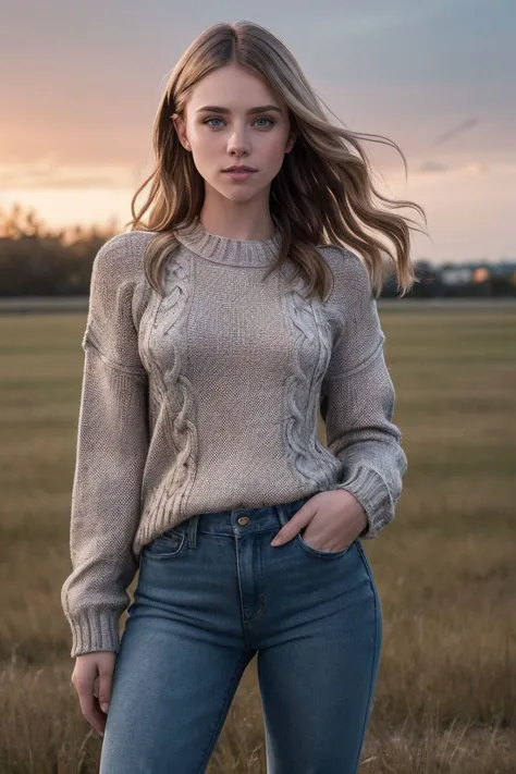 photo of S314_AnyaOlsen,a stylish woman,on a (field),wearing a (sweater) and (jeans),(hurricane:1.1),(4k, RAW photo, best qualit...