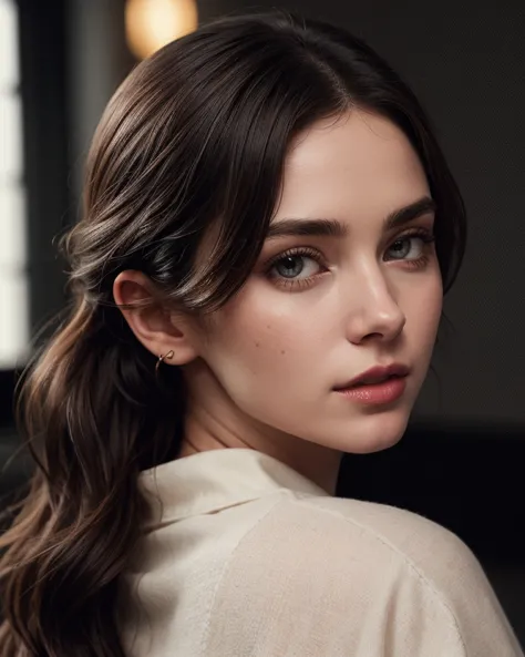 a woman with long hair and a white shirt looking at the camera