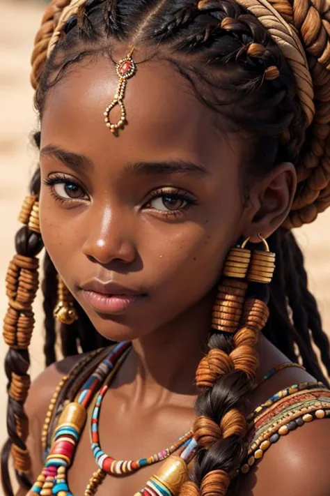 fechar-se, Linda garota africana de 18 anos. o. da tribo Himba.  Pequenas tranças ao redor da cabeça, joias feitas de pequenas contas e detalhes em cobre, tecido de roupa autêntico, textura natural pronunciada da pele facial, foto de alta qualidade da National Geographic