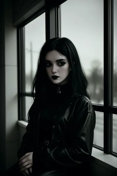 Beautiful 25-year-old goth girl in the 90s, photo in the style of Alessio Albi, cinematic composition, cinematic lighting