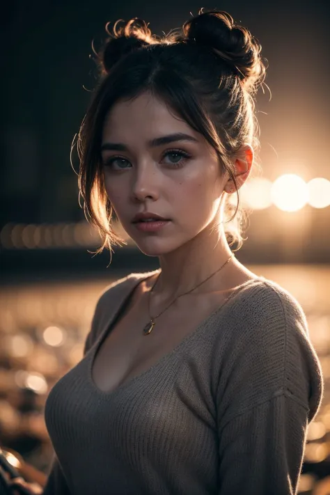tintype photography of mature woman, Space buns haircut, Coral haircolor, eye level, warm golden hour lighting, lens flare, shot on Bolex H16, in the style of Brandon Woelfel