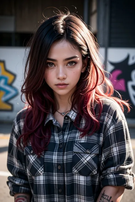 upper body portrait, raw essence of a tattoed street style icon, drenched in rebellious energy, wearing oversized flannel shirt, vibrant graffiti as backdrop, edgy fashion, sense, confident gaze, colorful hair, light beams streaming through haze