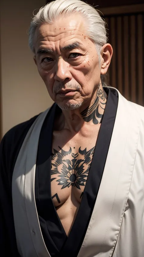 an old wisely grandpa, former yakuza, wearing a kimono, dangerous looking, tattoos, skin pores, skin blemish