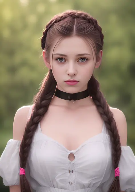 21yo woman, braid, choker, hyperrealistic, high detailed skin, 8k uhd, dslr, soft lighting, high quality, film grain, Fujifilm X...