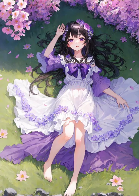 masterpiece,best quality,official art,extremely detailed CG unity 8k wallpaper,illustration,solo,1girl,bishojo,Bright, summer, flower field, black hair, purple eyes, white dress, barefoot,