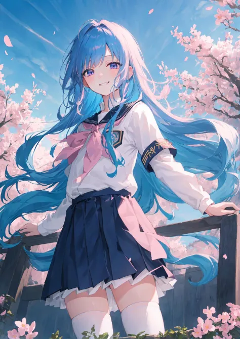 masterpiece,best quality,official art,extremely detailed CG unity 8k wallpaper,illustration,day, in spring, cloudy, sky, beautiful detailed sky, light, solo, bishoujo, long hair, blue hair, asymmetrical bangs, smirk, beautiful detailed eyes, pink eyes, (school uniform:1.05), white kneehighs,