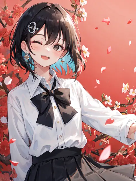 ((masterpiece, best quality)),a girl, solo, shirt, skirt, petals, bowtie, earrings, jewelry, bangs, black hair, hair ornament, black eyes, one eye closed, happy smie, open mouth, short hair, white shirt, multicolored hair, black skirt, long sleeves, black bowtie, hair between eyes, looking at viewer, collared shirt, upper body, falling petals, depth of field, strong bloom, red background, arms behind back