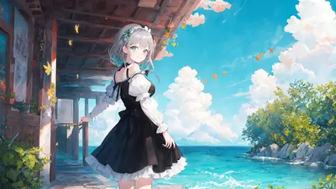 masterpiece,best quality,official art,extremely detailed CG unity 8k wallpaper,illustration,Blue sky, green water, colorful clouds,, bright, 1Girl, gray hair, amber eyes, smile, black dress, barefoot, turning around,