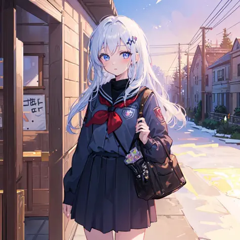 ((masterpiece,best quality,official art,extremely detailed CG unity 8k wallpaper)),illustration,landscape,solo,1girl,bishojo,beautiful detailed eyes,Student uniforms,