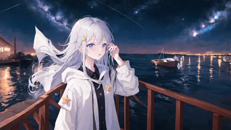 masterpiece, high res, milky_way, night, night_sky, shooting_star, sky, star_\(sky\), starry_sky, space, galaxy, constellation, boat, multiple girls,