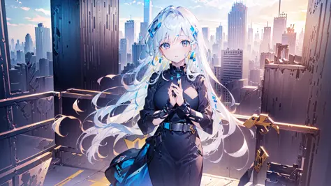 (masterpiece,best quality,official art,extremely detailed cg unity 8k wallpaper:1.8),(city,skyscraper,1girl,bishojo:1.6)