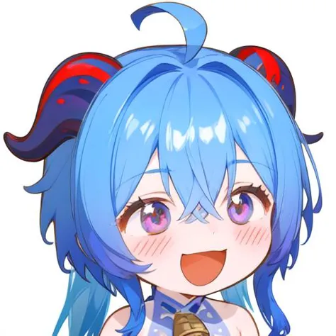 sourire,1fille,seulement,embauché \(impact genshin\),cornes,Cheveux bleus,white backgrounD,chibi,bouche ouverte,rougir,cloche,frange,simple backgrounD,ahogé,multicoloreD eyes,neck cloche,siDelocks,cheveux longs,yeux violets,portrait,bare shoulDers,:D,cheveux entre les yeux,