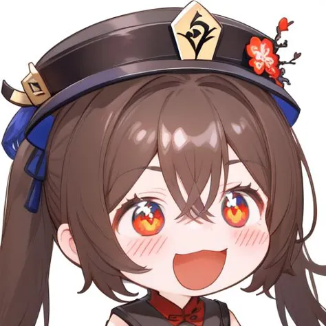 <lora:Ath_smile:1>,smile,1girl,hu tao \(genshin impact\),hat,solo,open mouth,symbol-shaped pupils,white background,brown hair,si...
