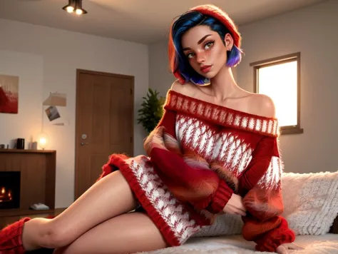 araffe woman with blue hair and red sweater sitting on a bed