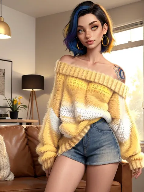 a close up of a woman with blue hair wearing a yellow sweater