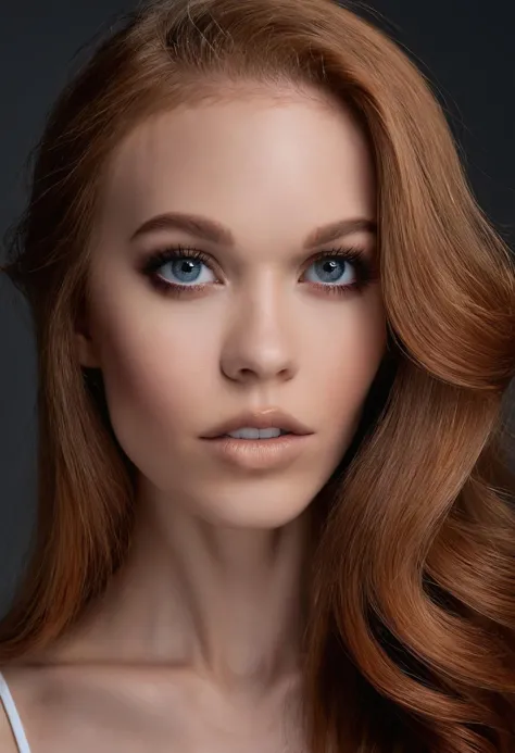 a woman with long red hair and blue eyes posing for a picture