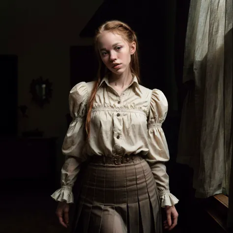 arafed woman in a skirt and blouse standing in a dark room