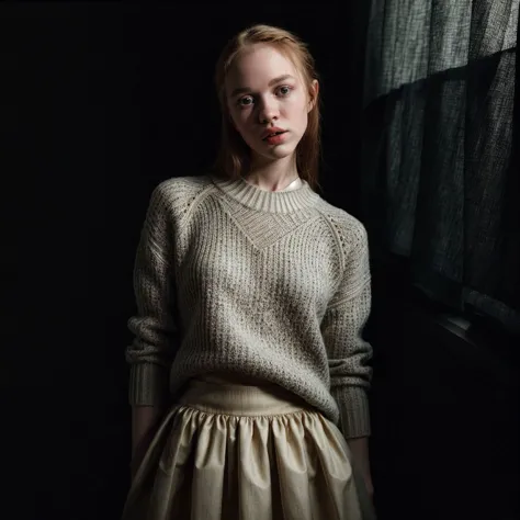 arafed woman in a sweater and skirt standing in front of a window