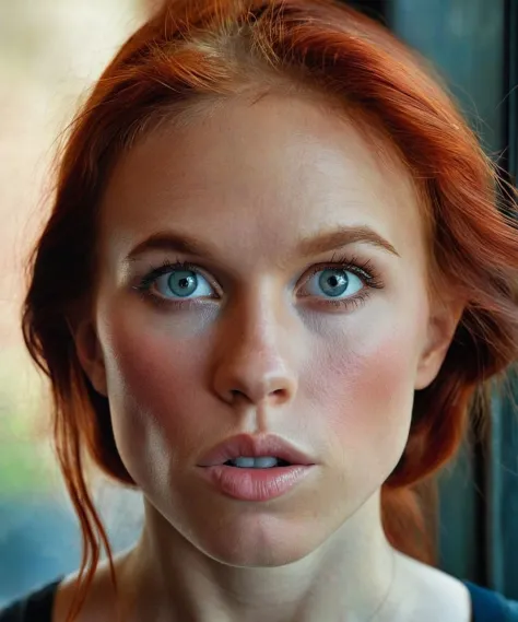 Close-up photography of the face of a ((ohwx woman)), (by Platon:1.1), by Steve McCurry, by Martin Schoeller, beautiful lighting, sharp focus, 8k, high res, (pores:0.1), Masterpiece,Canon EOS R        85mm    f/1.8   1/125s  100     Natural light, flash photograph, pale skin, red hair