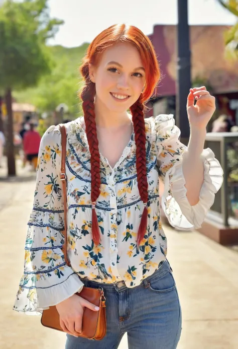 candid photo, of a ohwx woman, braided red hair, 3/4 body photo, Urban Outfitters flowy ruffle-trim blouse in a pink and white floral print with puff sleeves,	Dark wash skinny jeans ripped at the knees,	stacked beaded bracelets, small woven tote bag, (smirk:0.3), intricate details, bokeh, shot on a Nikon Z6	Nikon Z 85mm f/1.8 S	F/2.8, 1/125s, ISO 100
