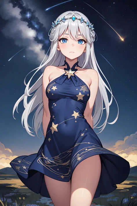 best quality, 1girl, long silver hair, blue eyes, arms behind back, outdoors, shooting star, starry night, gentle breeze, circle...