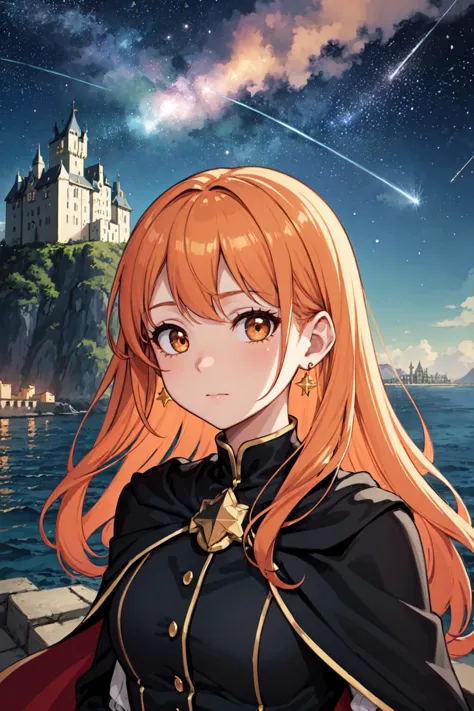 masterpiece, best quality, 1girl, close up, face focus, long black dress, gold buttons, cape, blouse, earrings, very long orange hair, hazel eyes,( castle in background:1.2), [houses], ocean, starry sky, buttons, serene expression, shooting star, soft lighting,