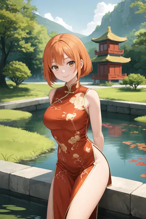 best quality, 1girl, orange hair, chinese clothes, large breasts, shrine, pond, smile, arms behind back, leaning foward