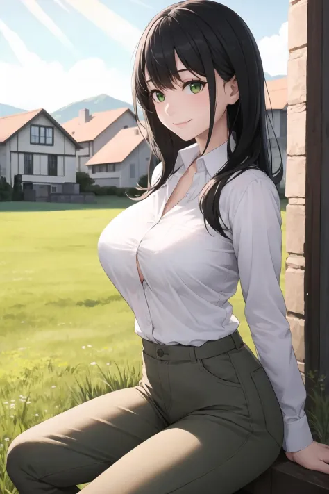 masterpiece, best quality, 1girl, long black hair, green eyes, buttoned shirt, khaki pants, meadow, [houses], sunlight, smile, l...
