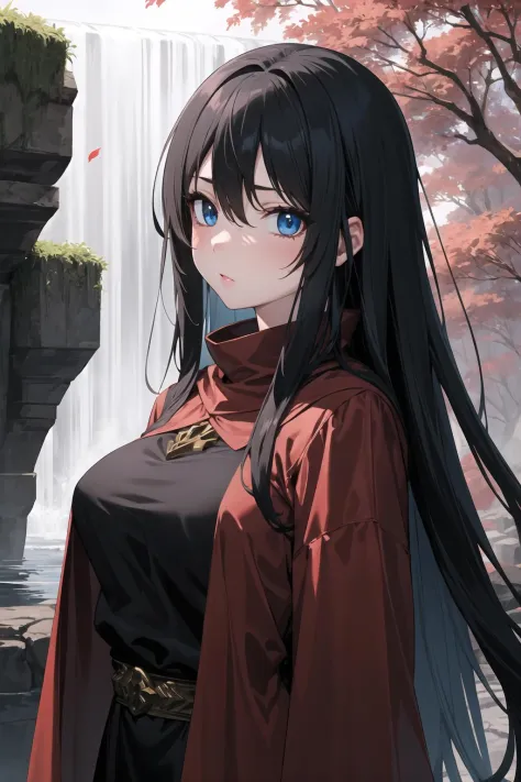 masterpiece, best quality, 1girl, crimson forest, red wizard, red waterfall, blue eyes, very long black hair