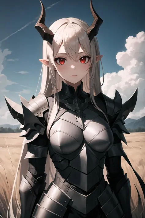 masterpiece, best quality, 1girl, upper body, red eyes, horns, very long hair, armored dress, field of grass, (cloudy sky:1.2)