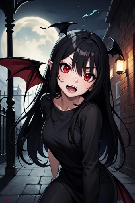 masterpiece, best quality, 1girl, face focus, long black hair, red eyes, fangs, open mouth, bat wings, haunted courtyard, night