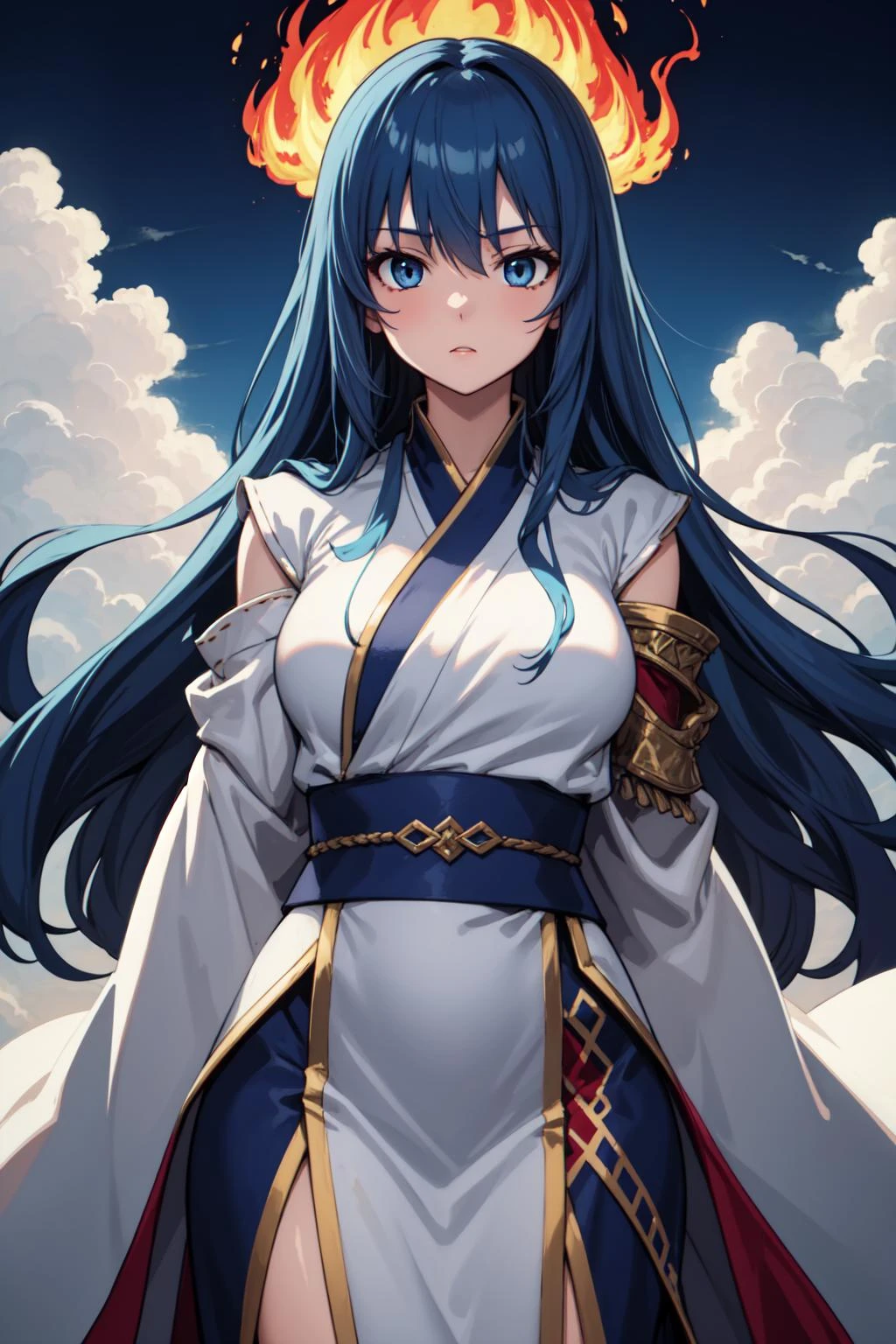masterpiece, best quality, 1girl, long hair, blue hair, arms behind back, blue eyes, heavenly clouds, long wizard robe, flames