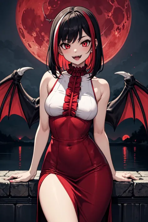masterpiece, best quality, detailed, 1girl, mature female, crimson sky, arms at sides, red crimson moon, vampire,( red undershir...
