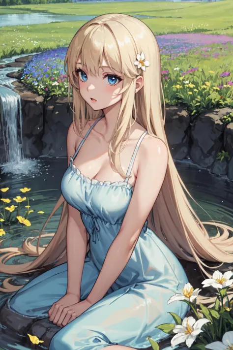 masterpiece, best quality, 1girl, very long hair, blue eyes, meadow, waterfall, flower field
