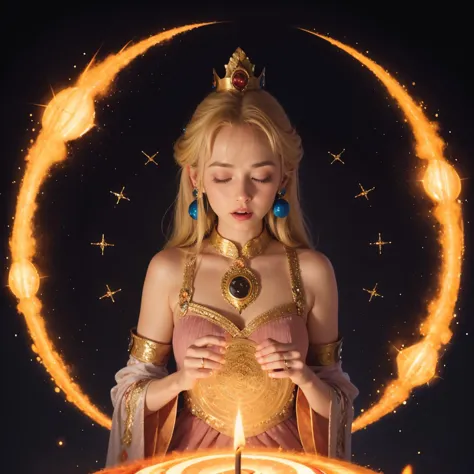 (masterpiece), (best quality:1.4), absurdres, [:intricate details:0.2], 1girl, Flowing robes, intricate magical circles, glowing runes, shimmering aura, intense focus, arcane incantations, crackling energy, levitating artifacts, ethereal staff, flickering candles, swirling mist, sparkling motes, mystical crystals, glowing sigils, intricate hand movements, otherworldly chanting, mysterious symbols, powerful invocation, transcendent awareness,  <lora:princessPeachCharacter_v10:1>, (pink dress),