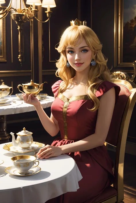 princess peach, blonde hair, blue eyes, gold crown, pink dress, looking at viewer, smiling,
 sitting in a fancy dining room, hol...