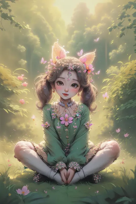 a girl sitting on the ground in a green dress with flowers in her hair