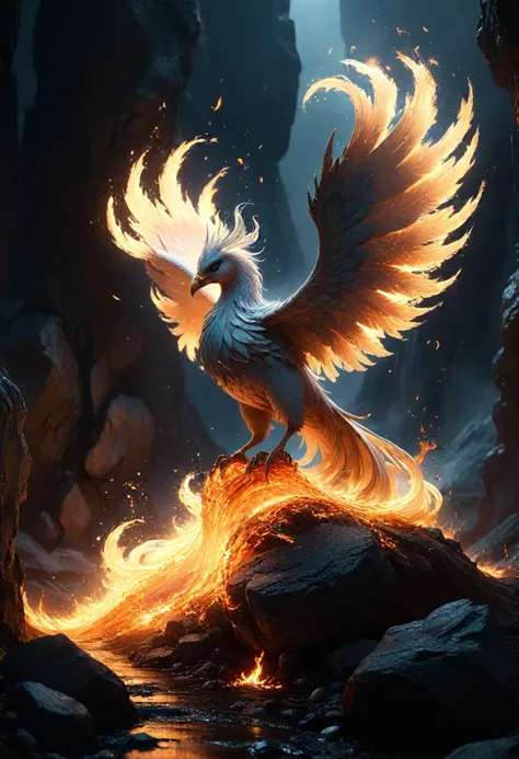 (medium full shot) of a ethereal phoenix with shimmering silver plumage glowing brilliantly, shimmering wings unfurled majestica...