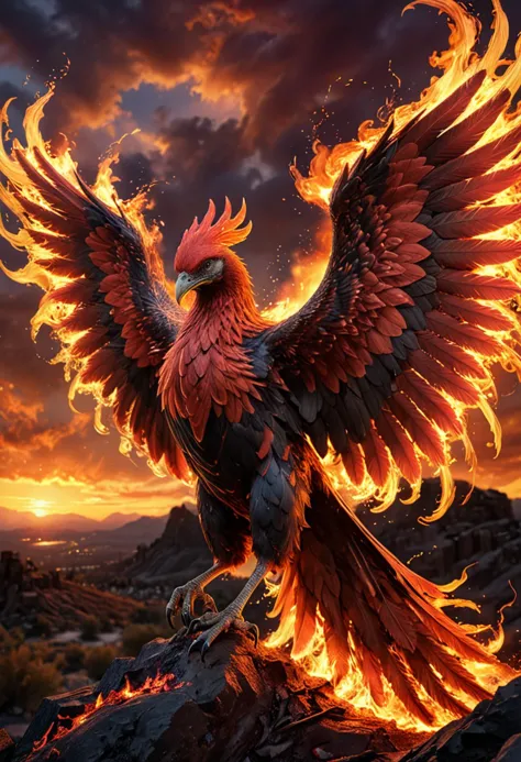 (medium full shot) of a resplendent phoenix with crimson red plumage glowing brilliantly, blazing wings unfurled majestically, a...