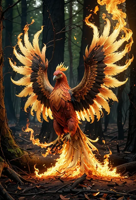 (medium full shot) of a fierce phoenix with radiant gold plumage glowing brilliantly, glowing wings unfurled majestically, a tra...