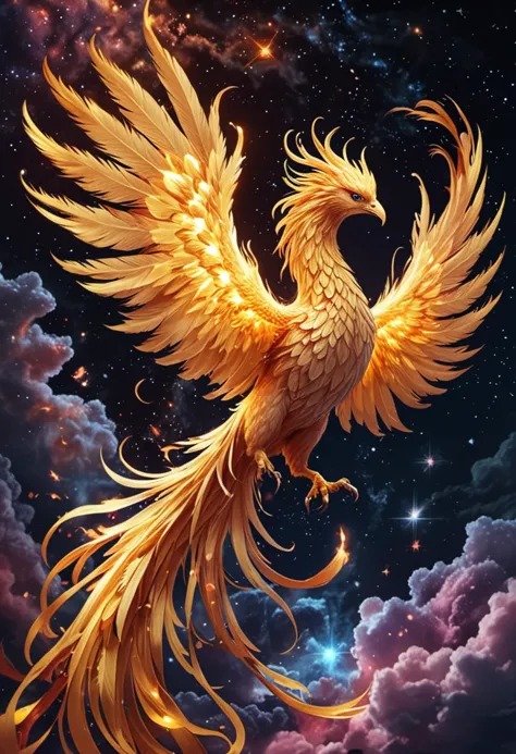 (medium full shot) of a ethereal phoenix with golden yellow plumage glowing brilliantly, glowing wings unfurled majestically, a ...